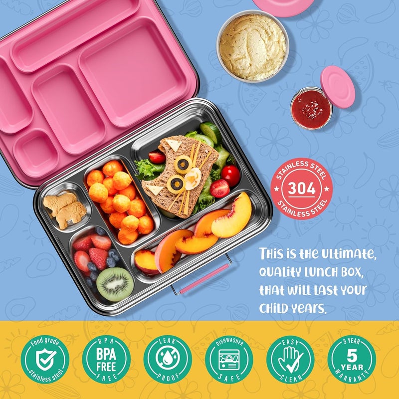 AOHEA Stainless Steel Bento Box Kids, Kids Metal Bento Lunch Box BPA Free Lunch Box Containers 304 Stainless Steel Bento Box for School and Office(Pink) - Image 3